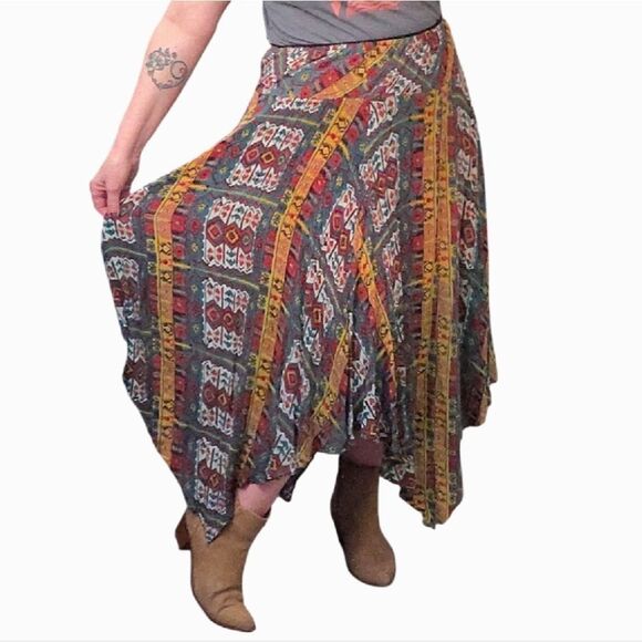 Y2K Colorful Printed Pull On Fairycore Boho Grunge Handkerchief Skirt Large - Picture 11 of 16